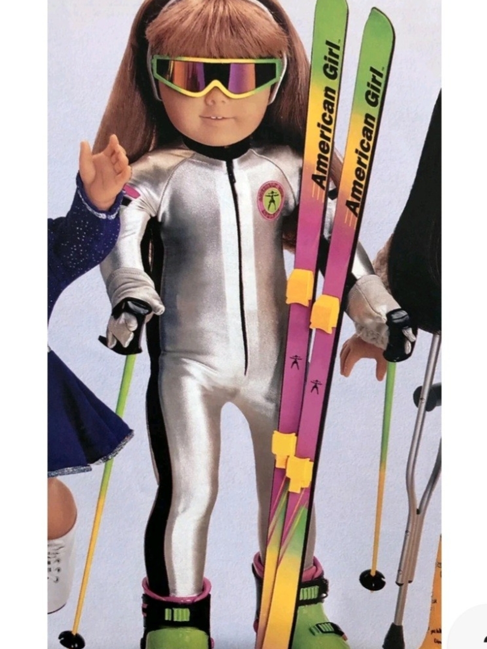 American Girl Silver Ski Suit with Neon Green and Pink Skis